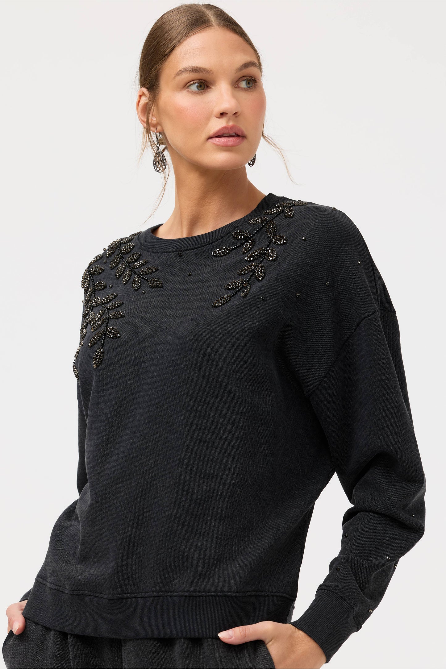 Johnny Was French Terry Beaded Sweatshirt - Charcoal Heather