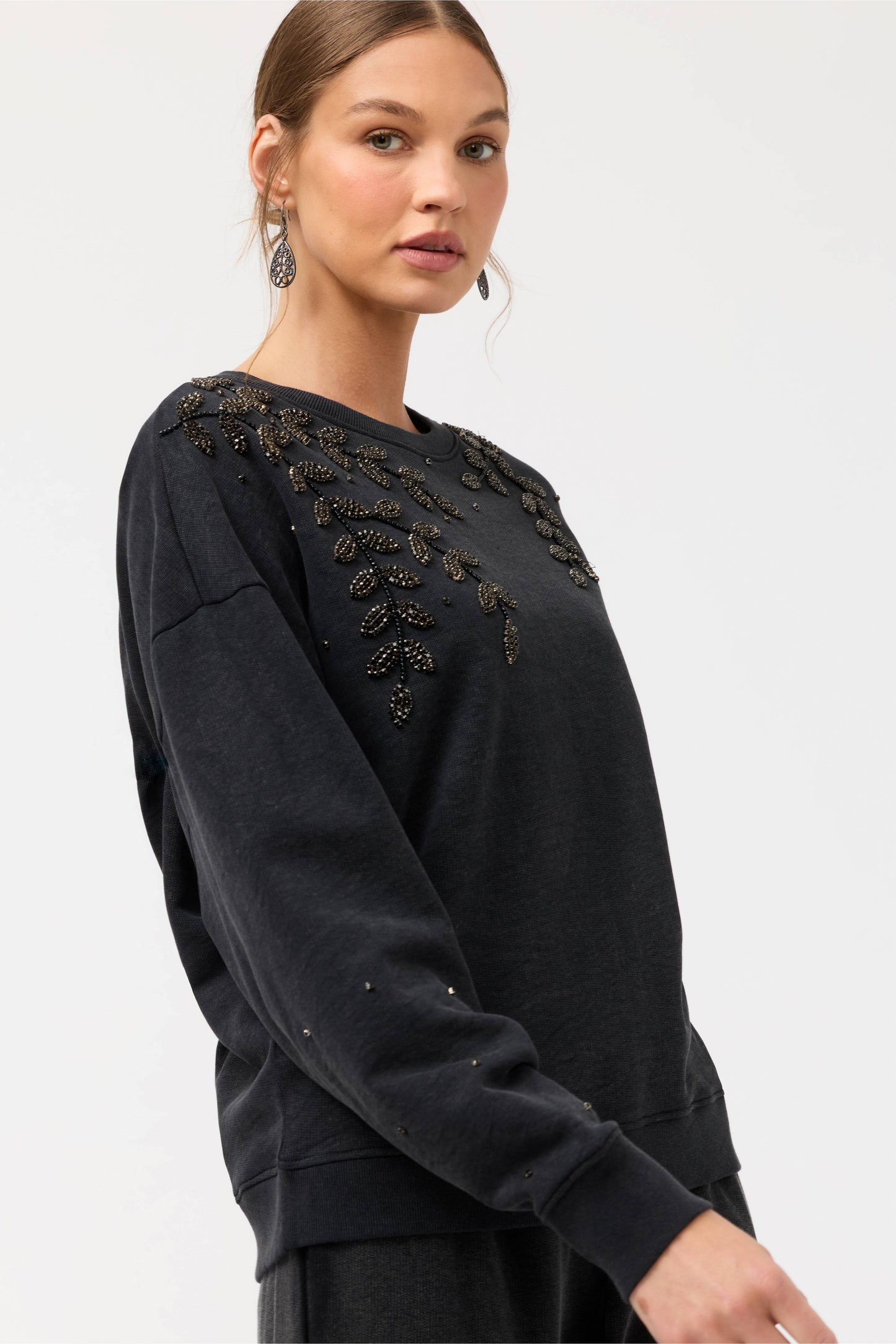 Johnny Was French Terry Beaded Sweatshirt - Charcoal Heather