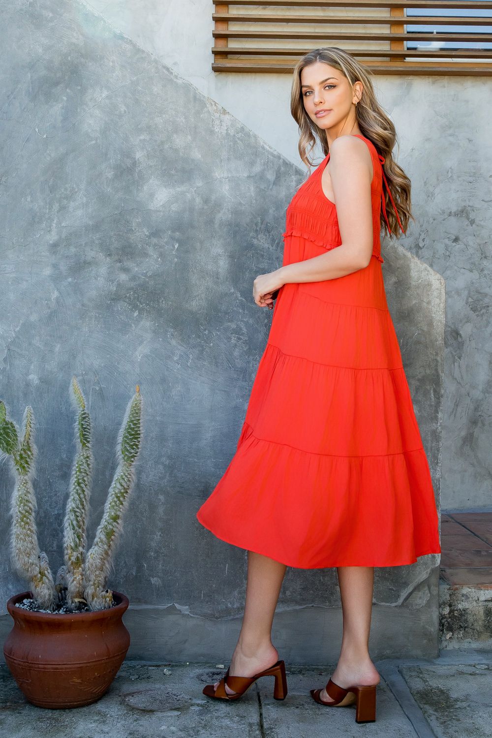 THML "Irma" Smocked Midi Dress- Orange