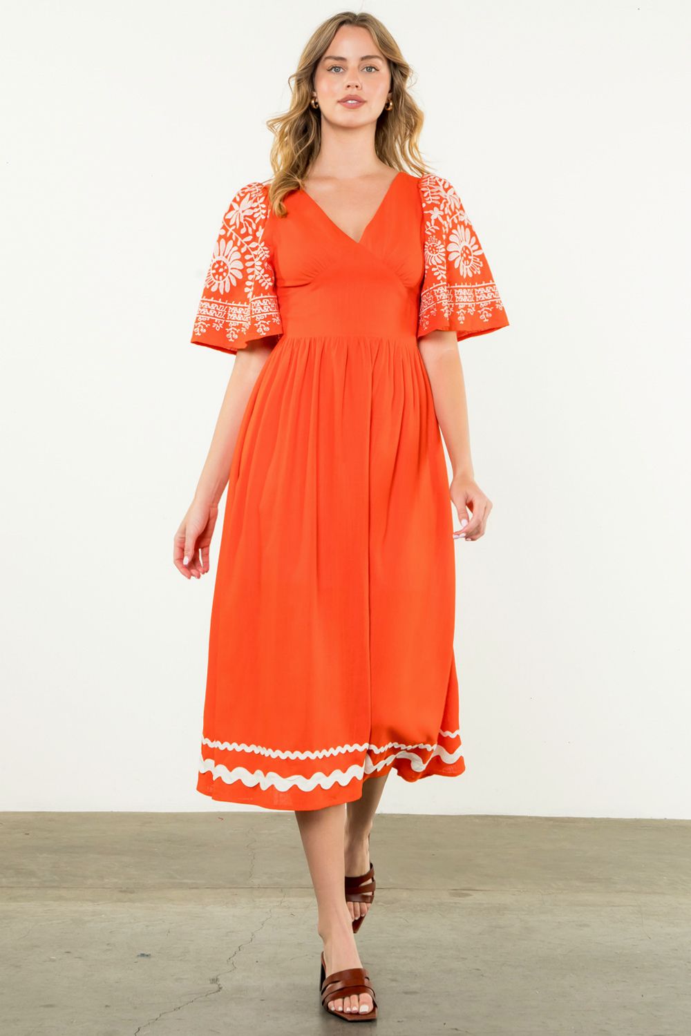 THML "Lila" Embroidered Flutter Sleeve Dress-Orange