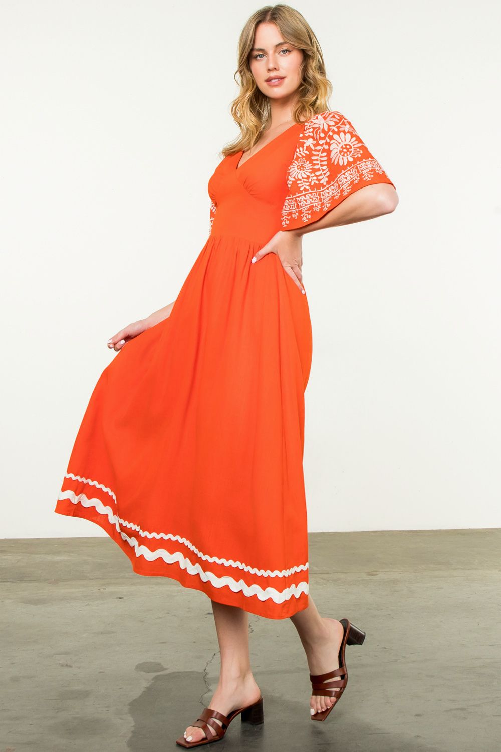 THML "Lila" Embroidered Flutter Sleeve Dress-Orange