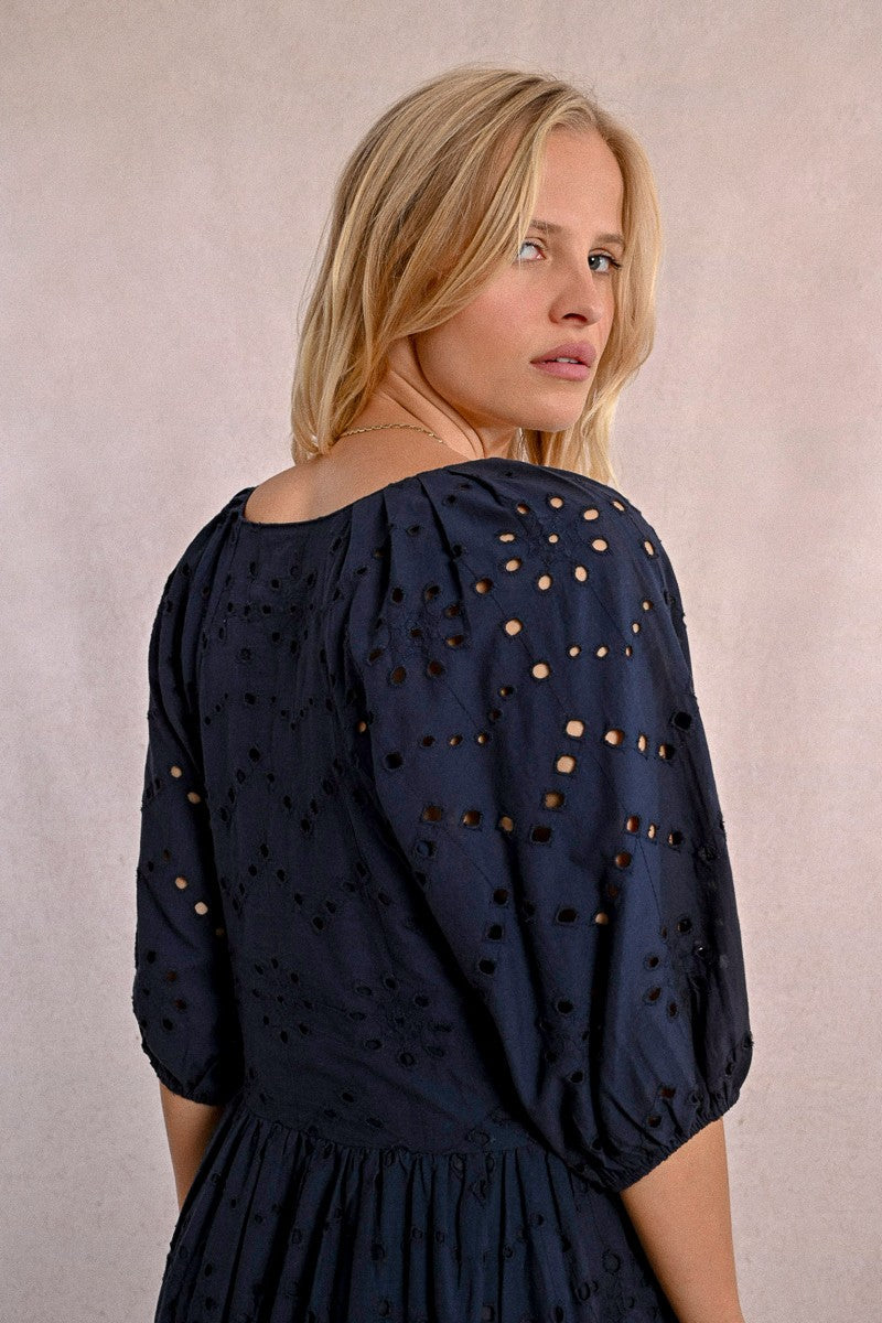 Molly Bracken Long Openwork Embroidery Dress- Navy