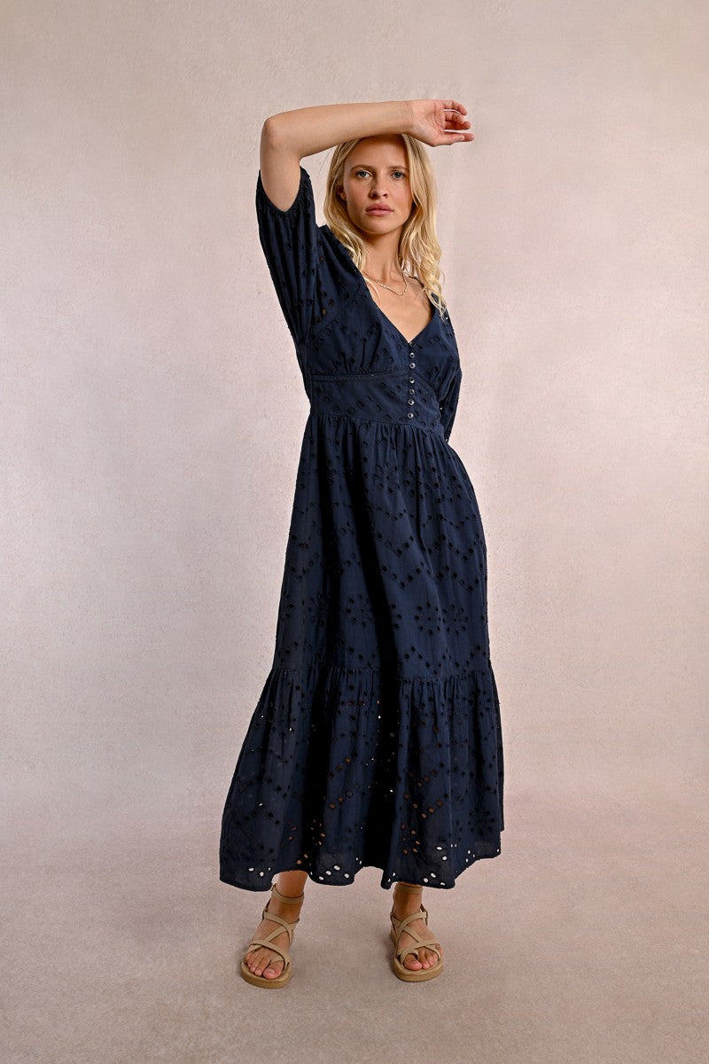 Molly Bracken Long Openwork Embroidery Dress- Navy
