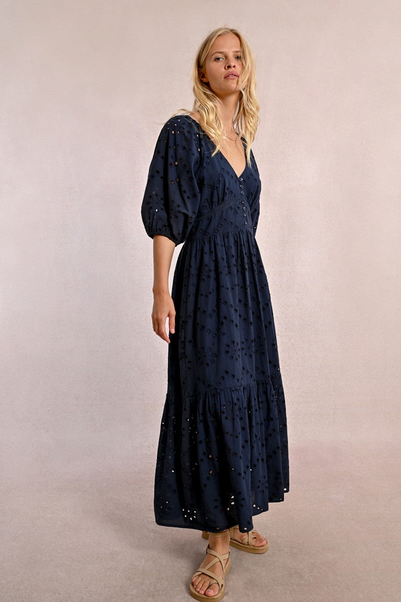 Molly Bracken Long Openwork Embroidery Dress- Navy