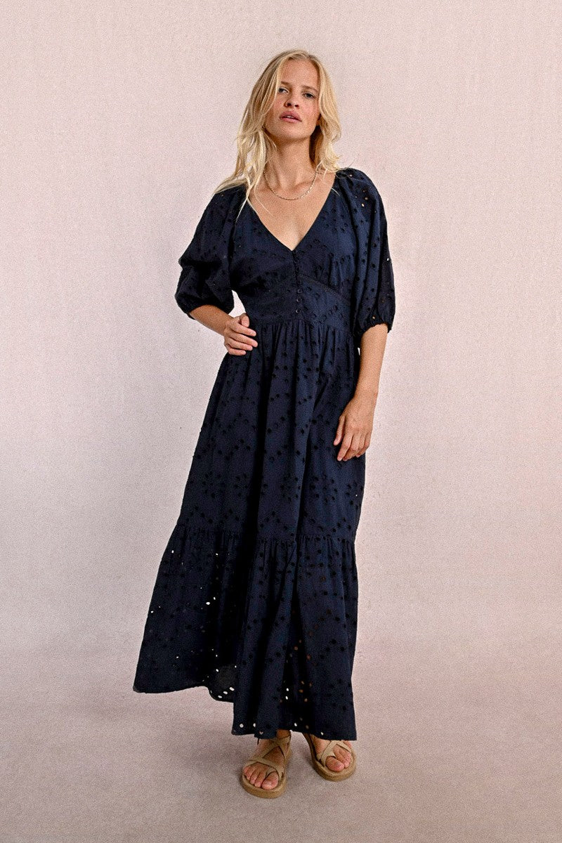 Molly Bracken Long Openwork Embroidery Dress- Navy