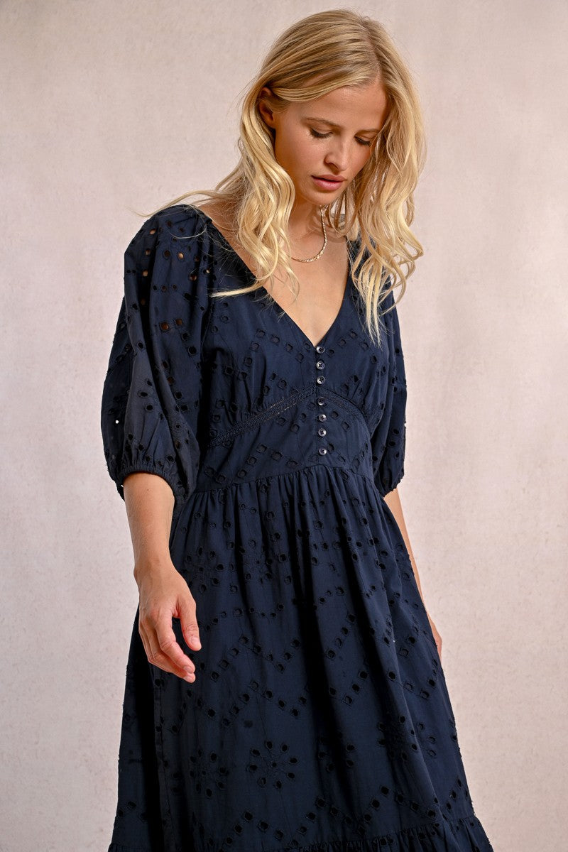 Molly Bracken Long Openwork Embroidery Dress- Navy