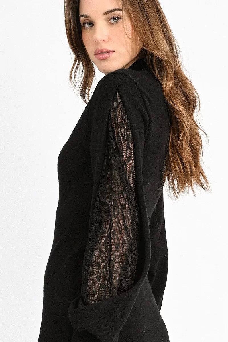 Molly Bracken Pullover Dress with Lace Band Sleeves-Black