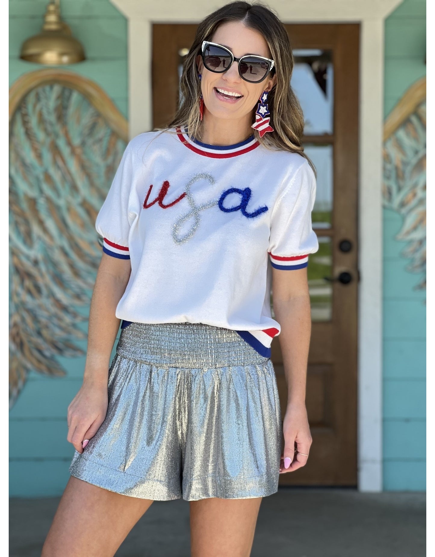 Queen of Sparkles USA Glitter Script Short Sleeve Top