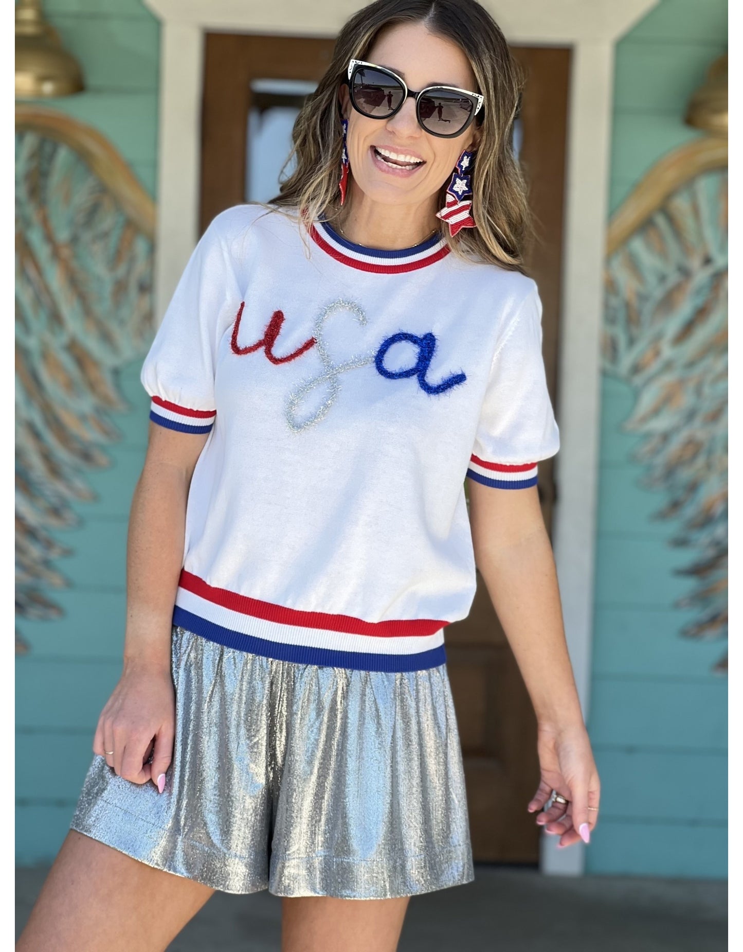 Queen of Sparkles USA Glitter Script Short Sleeve Top