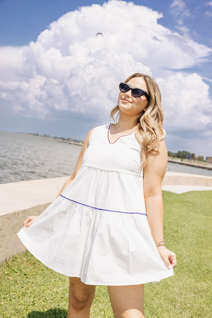 Queen of Sparkles Flag Back Dress-White