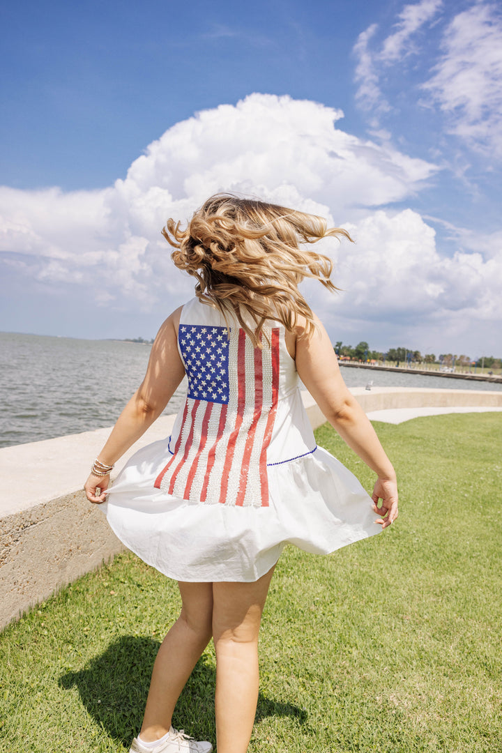 Queen of Sparkles Flag Back Dress-White