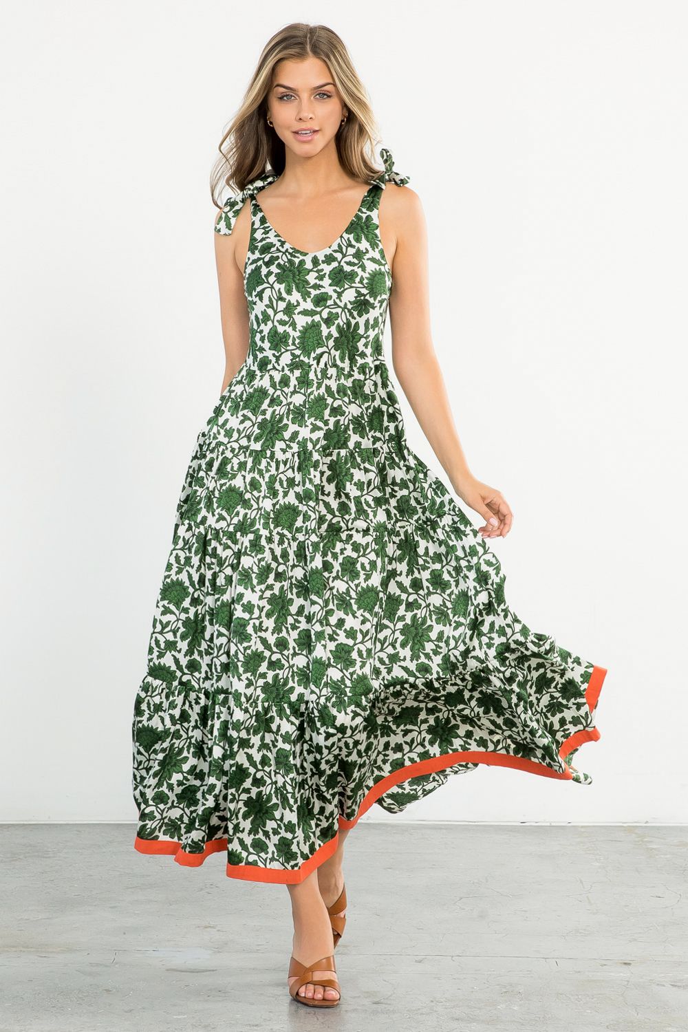 THML "Mia" Tie Straps Maxi Dress-Green