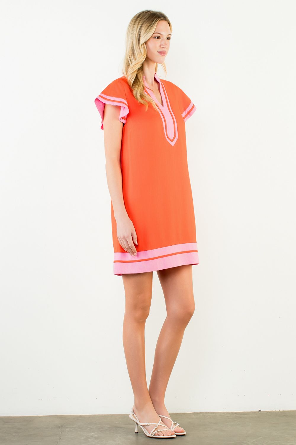 THML "Geri" Flutter Sleeve V-Neck Dress-Orange