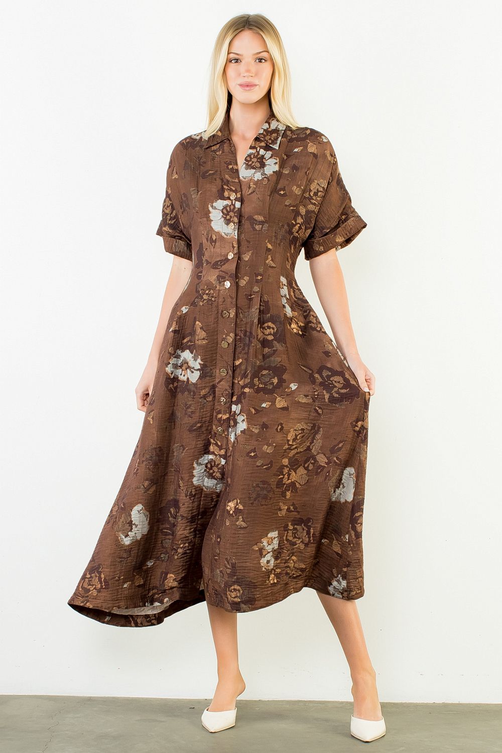 THML "Grace" Button Up Long Floral Dress-Brown