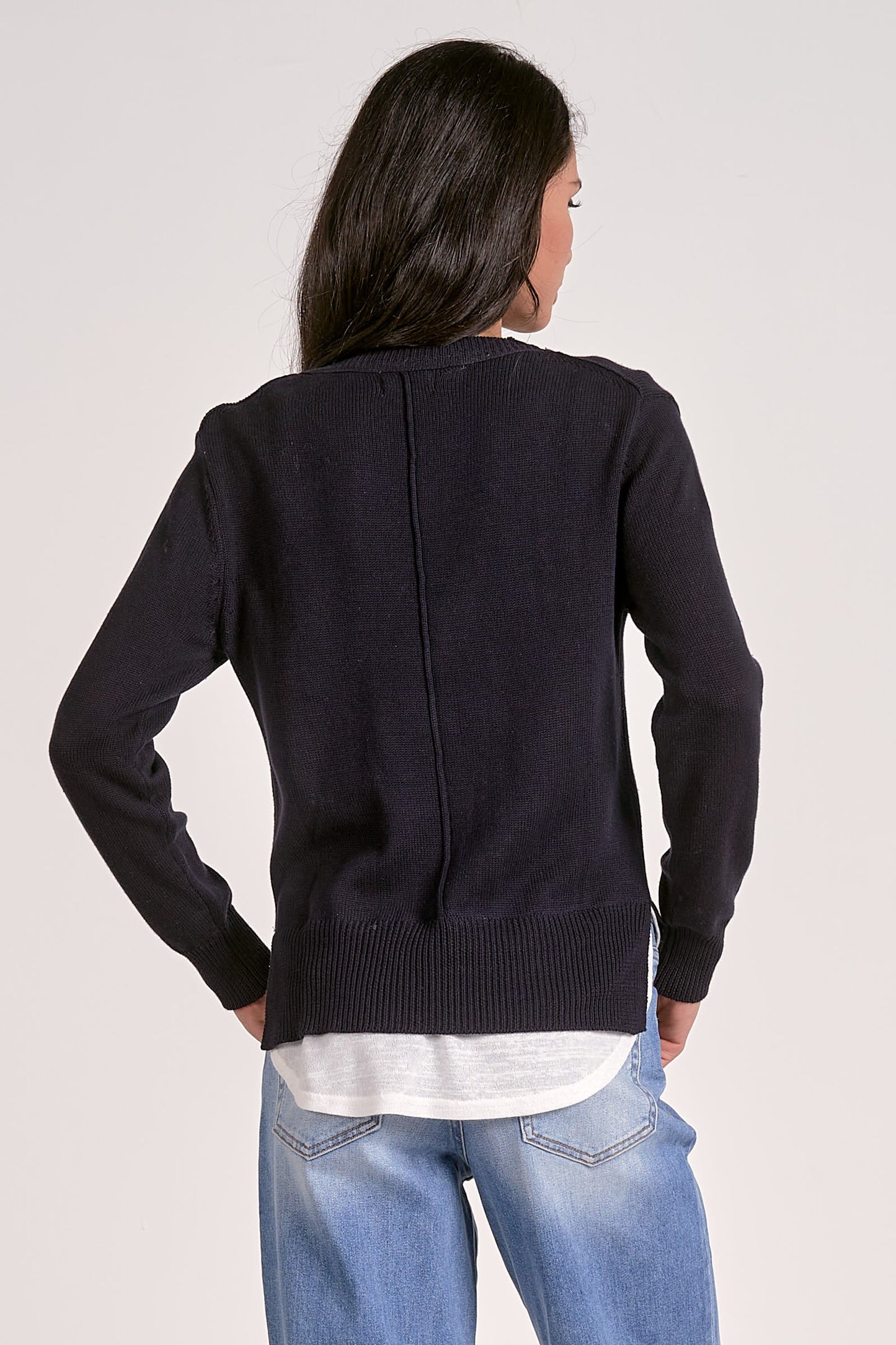 Elan V-Neck Layered Sweater-Navy/White