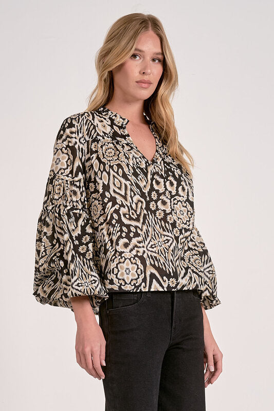 Elan V-Neck Bubble Sleeved Blouse-Black Acorn Print