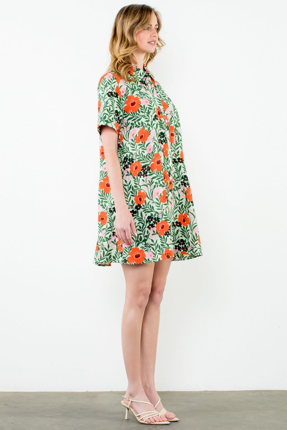 THML "Barb" Button Up Floral Dress-Green