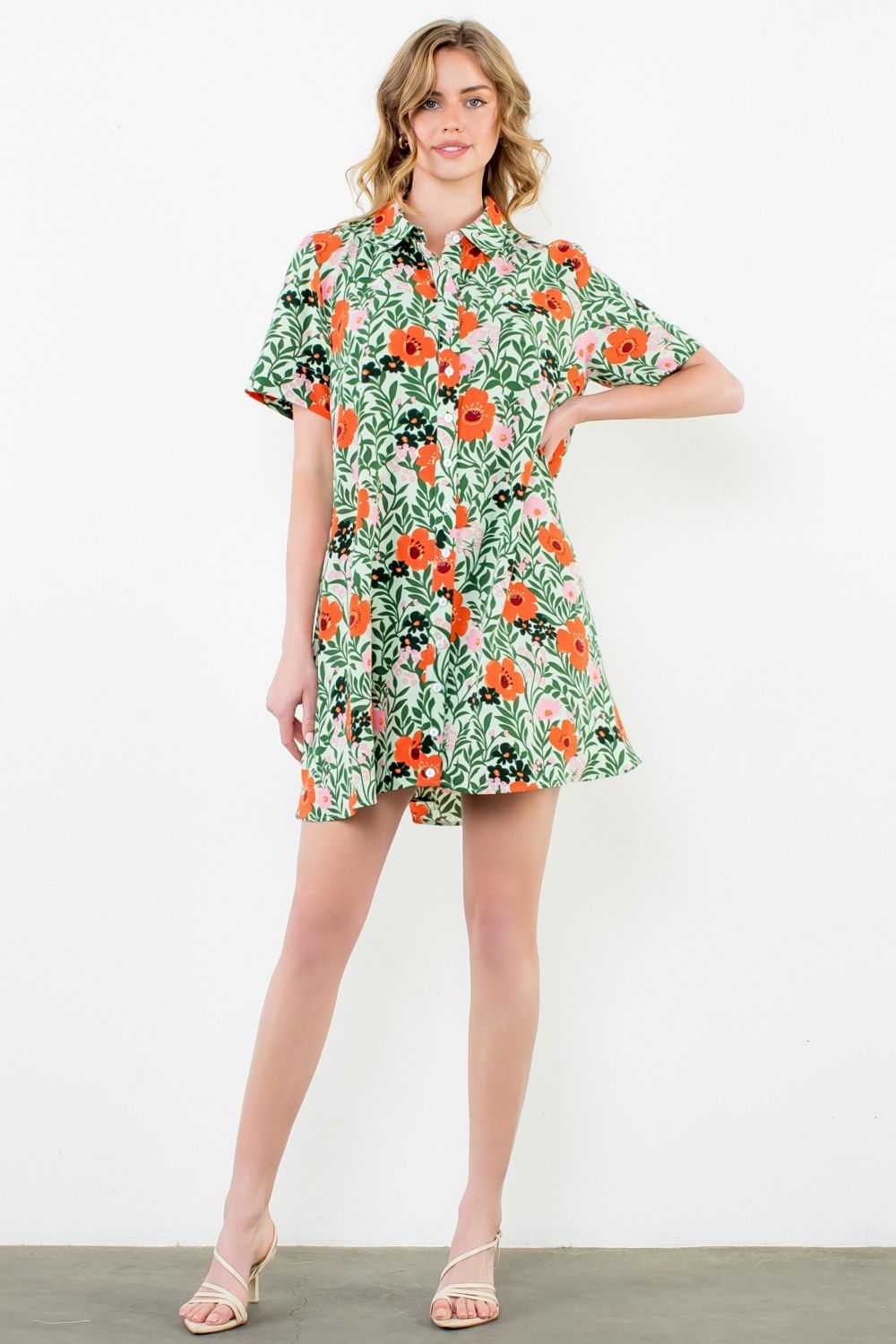 THML "Barb" Button Up Floral Dress-Green