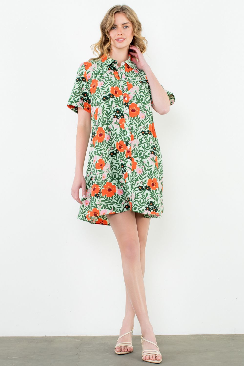 THML "Barb" Button Up Floral Dress-Green