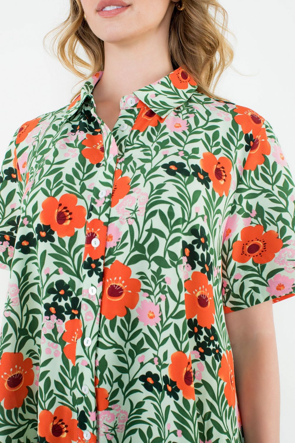 THML "Barb" Button Up Floral Dress-Green