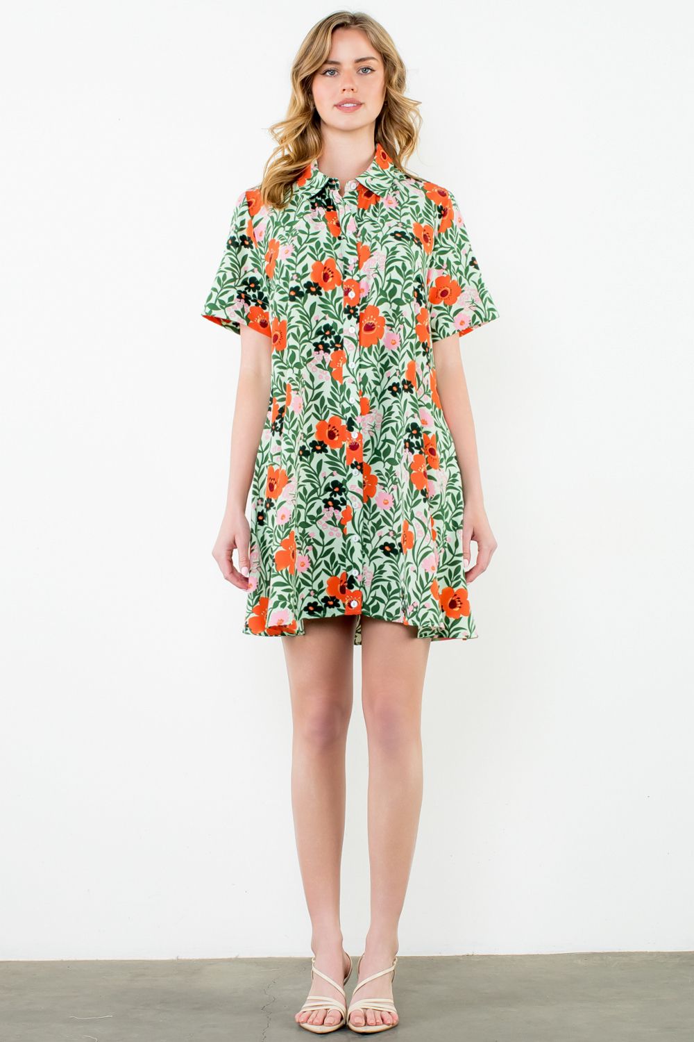 THML "Barb" Button Up Floral Dress-Green