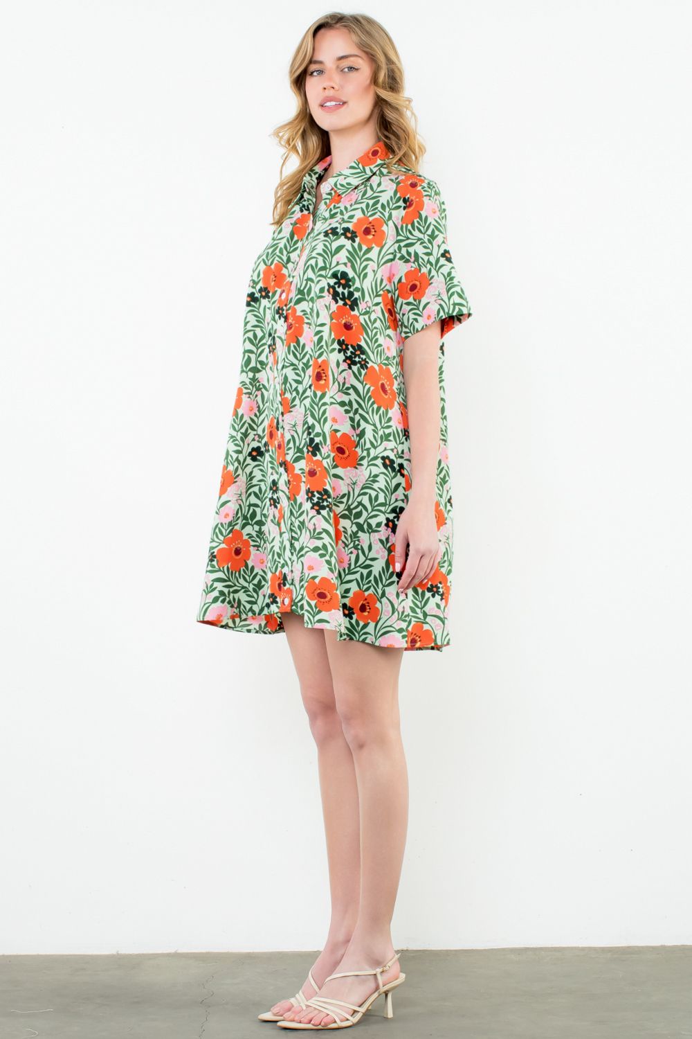 THML "Barb" Button Up Floral Dress-Green