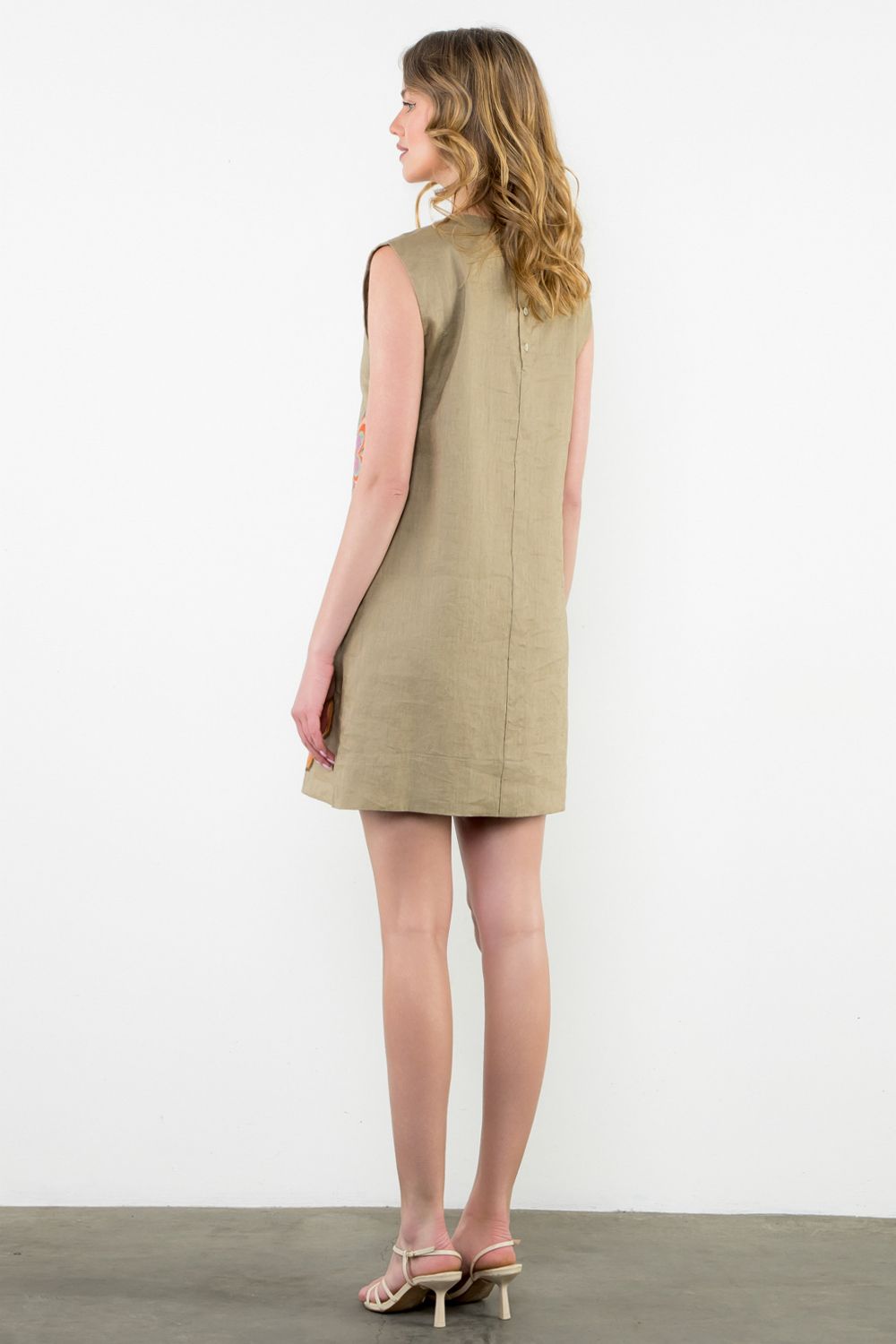 THML "Pearla" Sleeveless Embroidered Dress-Khaki