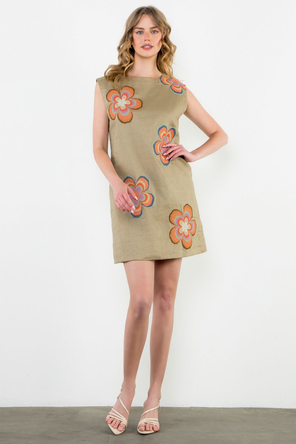 THML "Pearla" Sleeveless Embroidered Dress-Khaki THML "Pearla" Sleeveless Embroidered Dress-Khaki