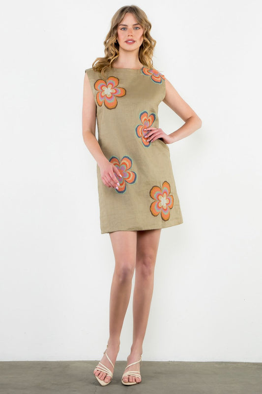 THML "Pearla" Sleeveless Embroidered Dress-Khaki