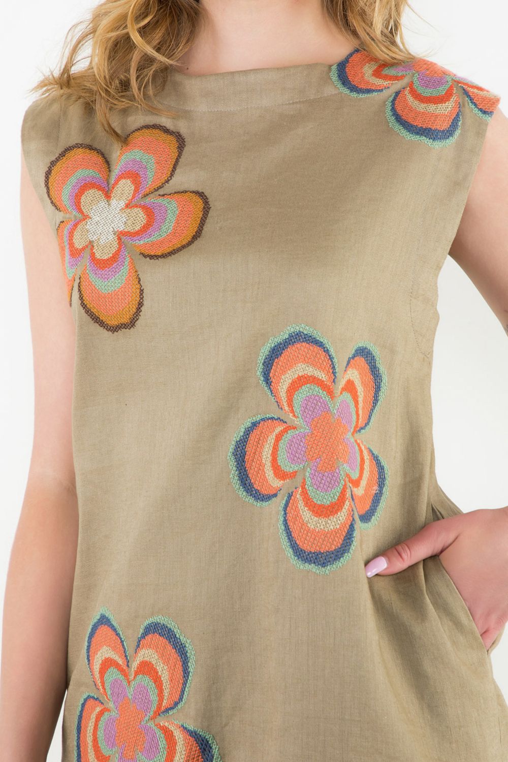 THML "Pearla" Sleeveless Embroidered Dress-Khaki