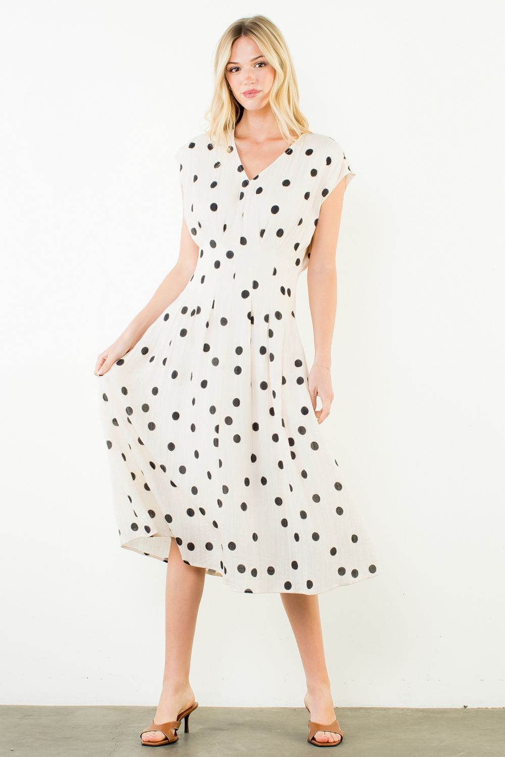 THML "Isla" S/S Polka Dot Dress-Cream/Black