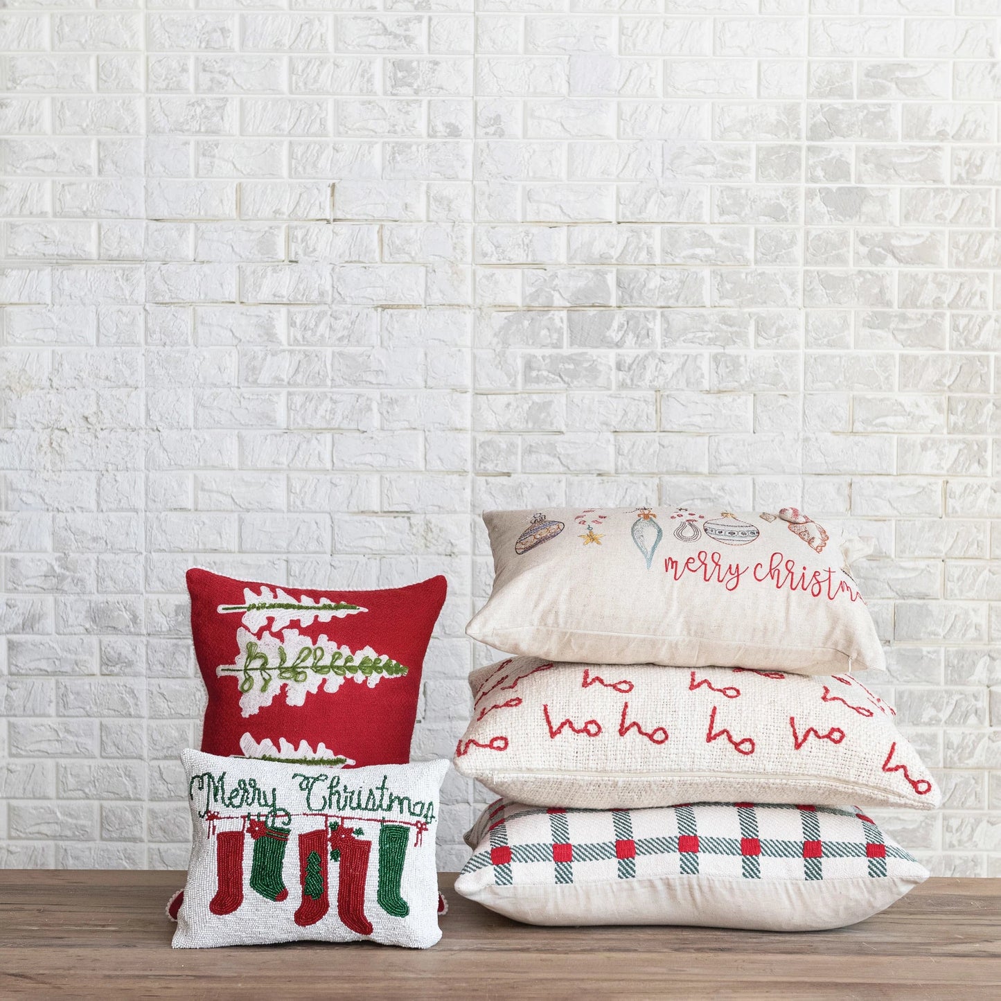 24" x 16" Woven Cotton Slub Lumbar"Ho Ho Ho" Pillow -Ivory