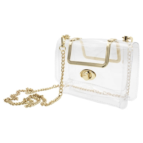 Clear Stadium Bag With Gold Top Handles & Gold Twist Lock Accents