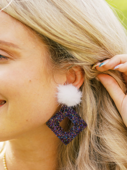 Purple Glitter First Down Drop Earrings