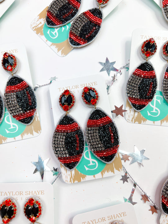 Beaded Black & Red Football Earrings