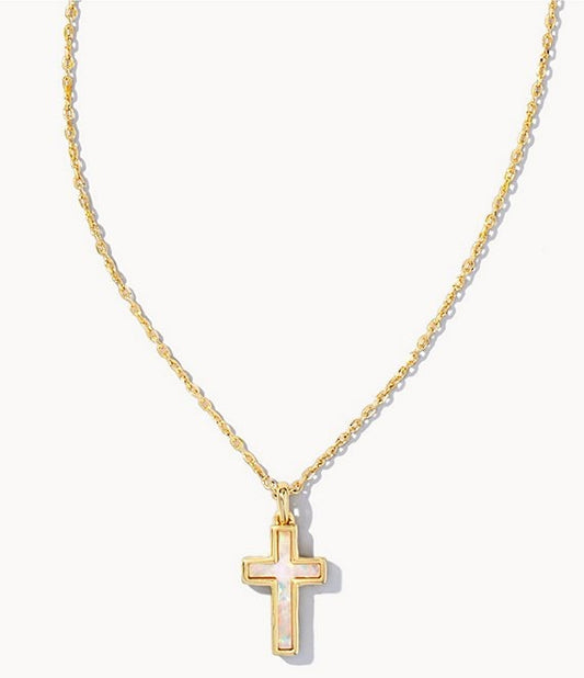 Kendra Scott Cross Pendant Necklace-Gold White Opal