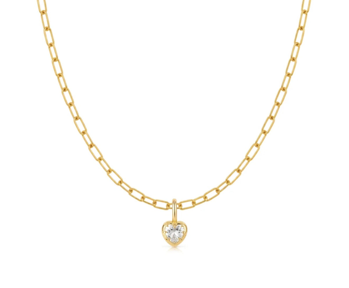 LeMel “Blaire” Bezel Heart CZ Charm Necklace 18” (on Paperclip chain)