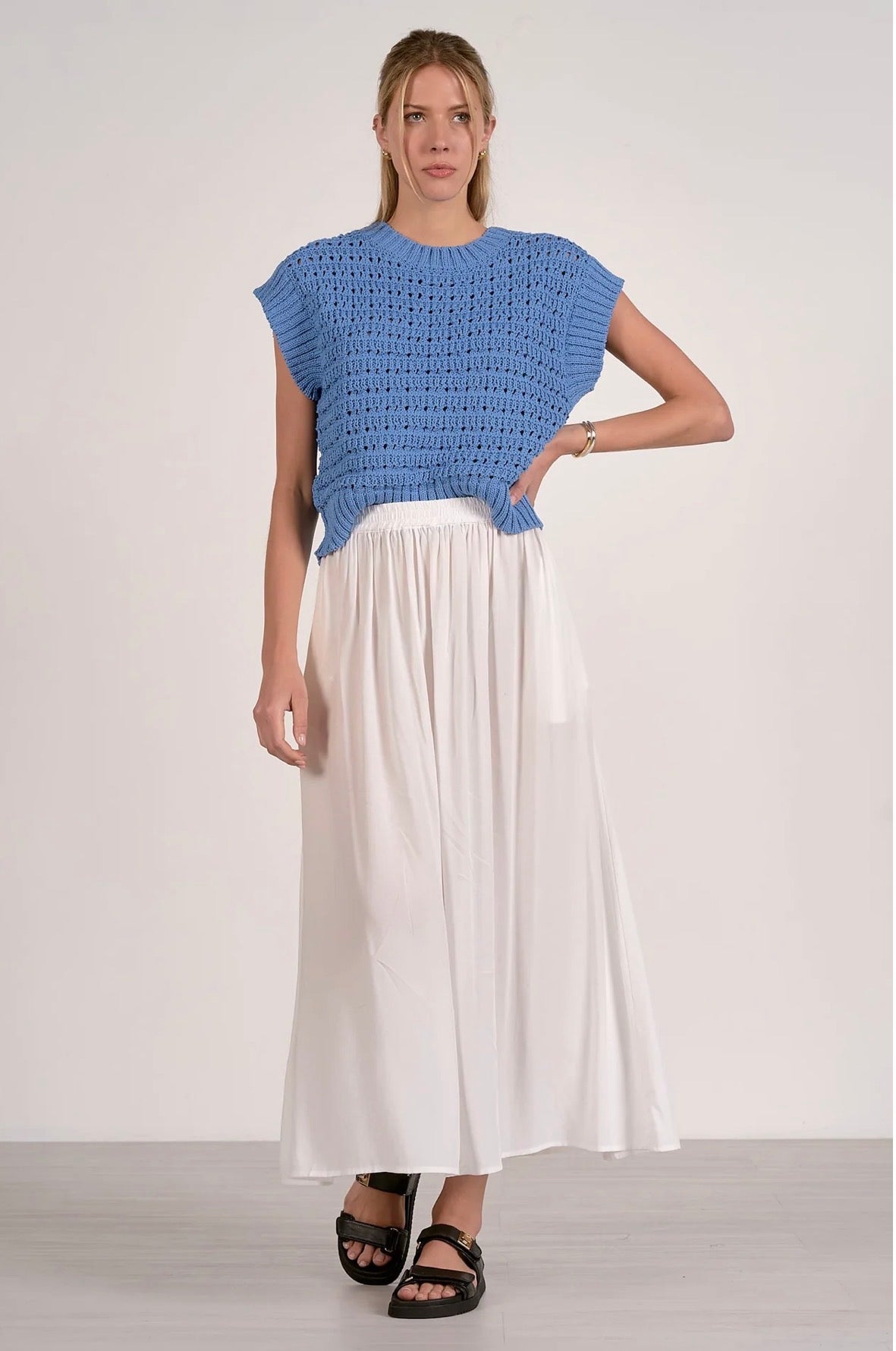 Elan S/S Open Knit Sweater-Blue