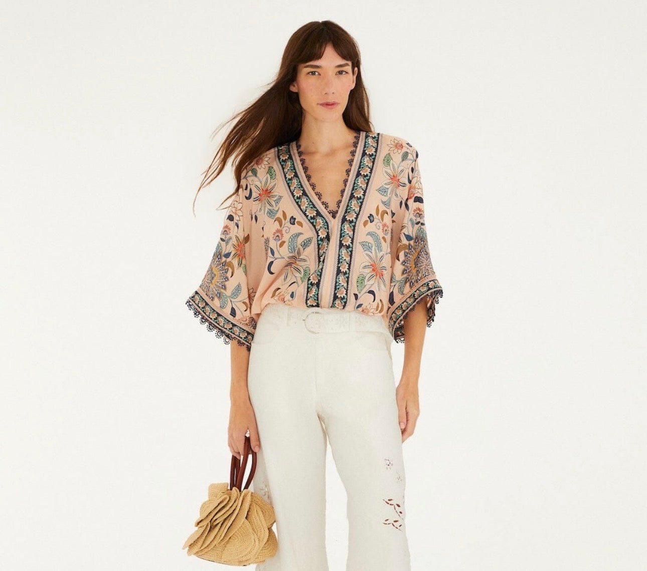 Farm Rio "Delhi" Tapestry Kimono Sleeve Bodysuit-Soft Pink Floral