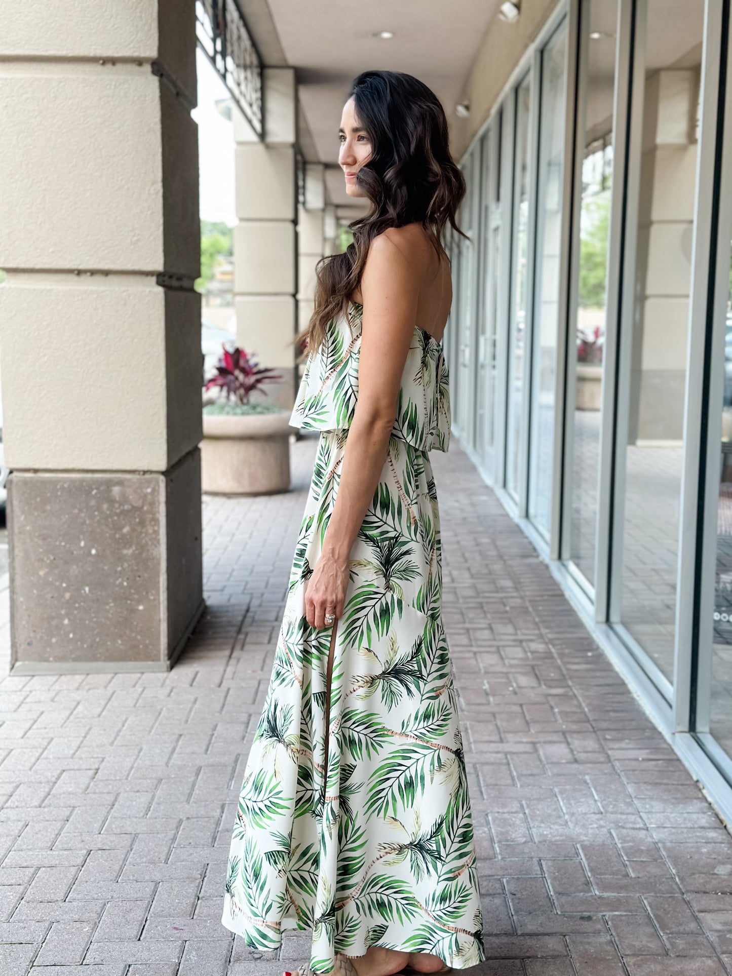 KLD "Manda" Leaf Print Strapless Maxi-Green Tropic