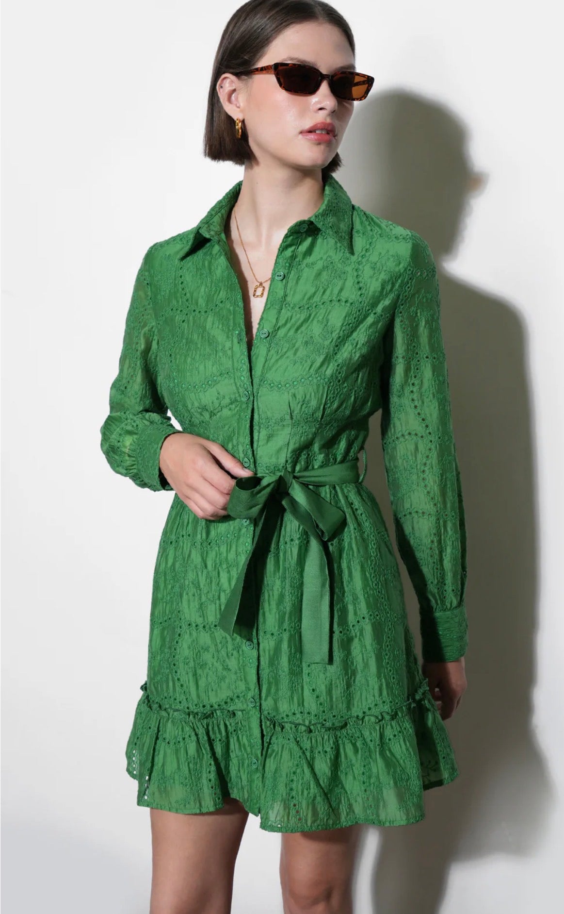 Greylin "Tabitha" Embroidered Cinched Waist Mini Dress-Retro Green
