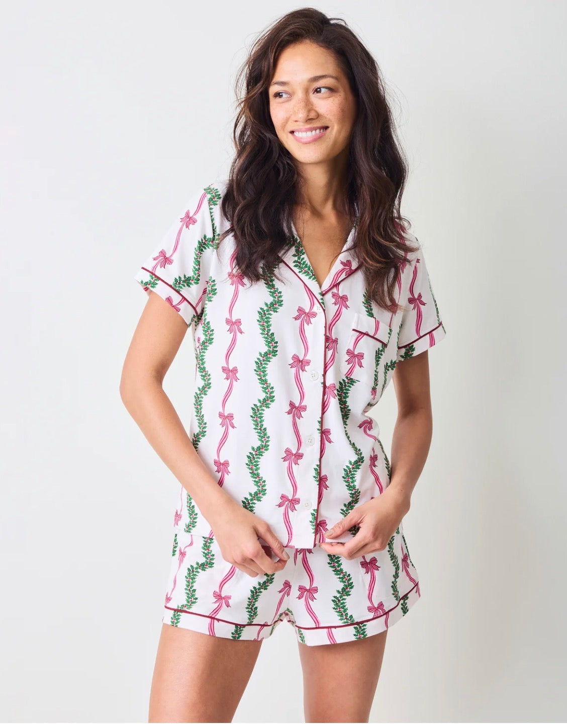 Printfresh "Ribbons & Bows" Organic Pima Modal Knit Short PJ Set-Vanilla Cream