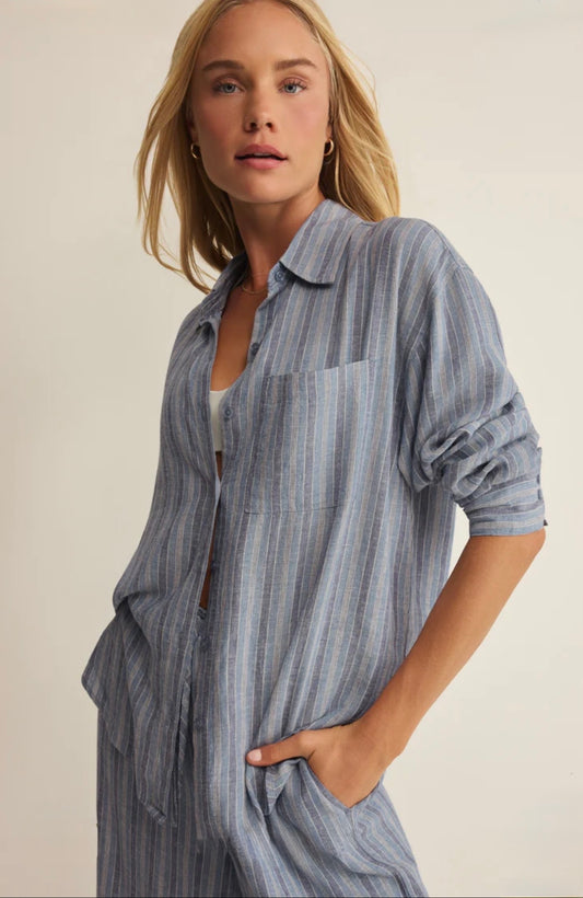 Z Supply Perfect Line Striped Button Up-Indigo
