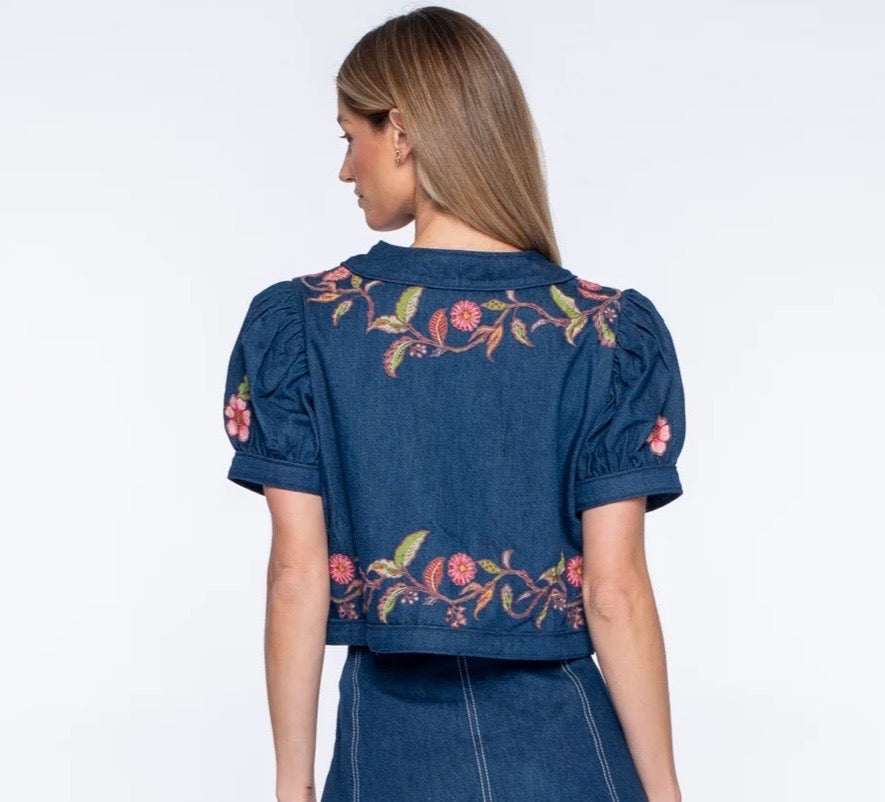 Elizabeth James “Coco” Top- Denim Floral Embroidery