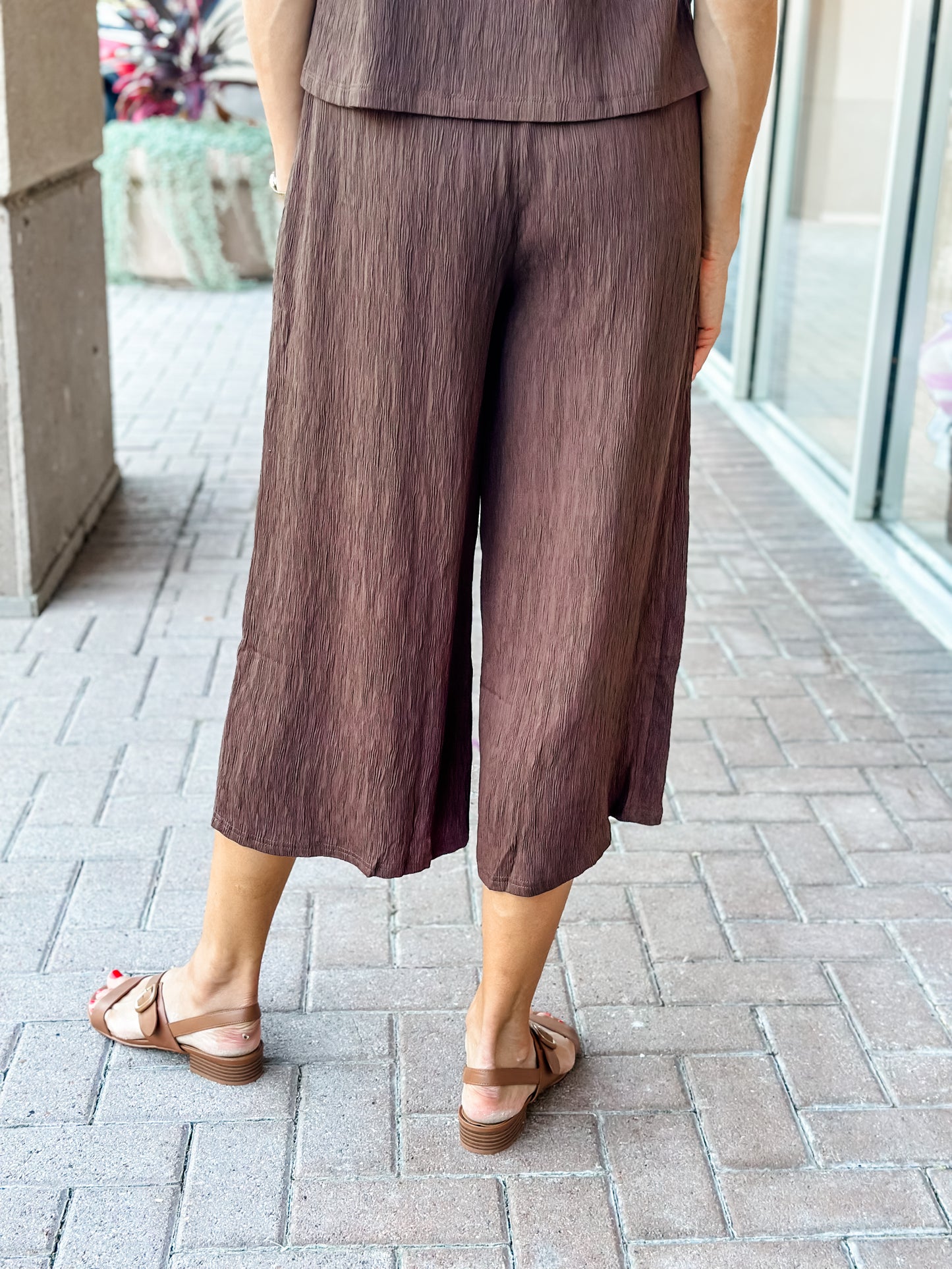 KLd "Marnie" Textured Crop Wide Leg Pant-Brown