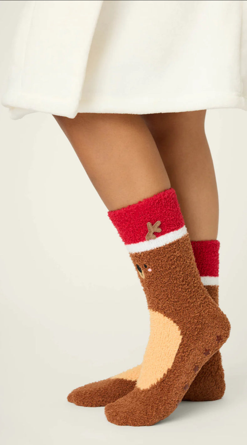PJ Salvage Cozy Crew Socks-Brown Reindeer