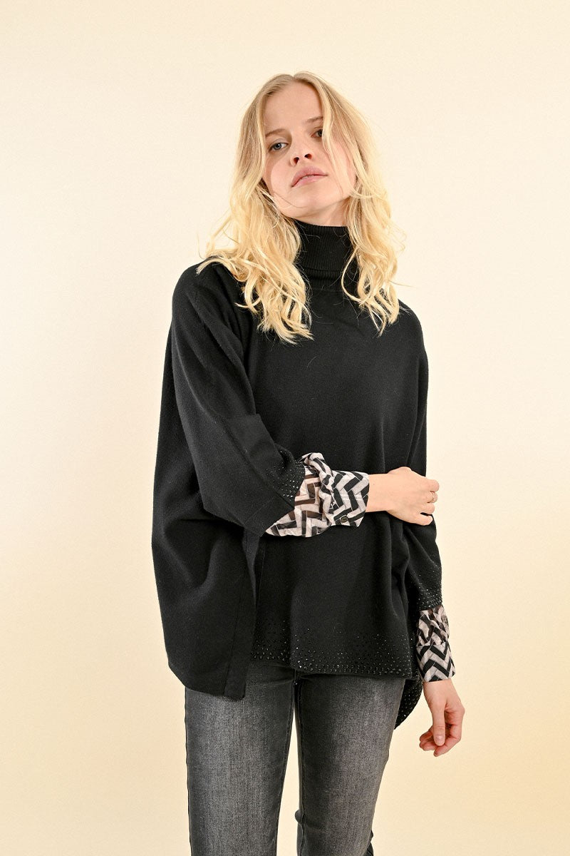 Molly Bracken Turtleneck Poncho Sweater-Black