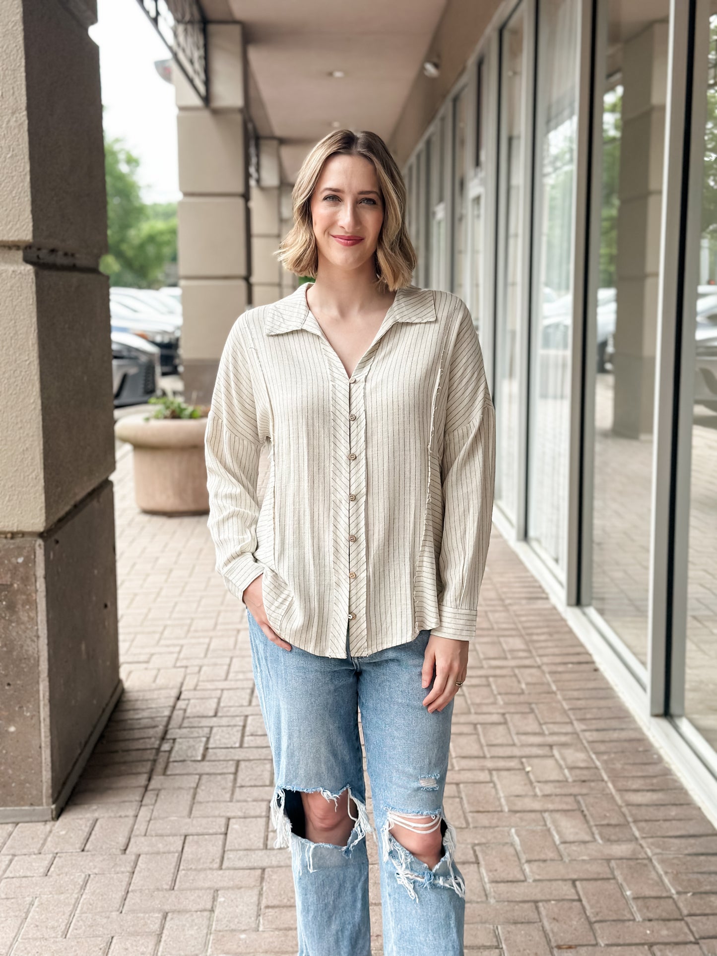 KLD "Olivia" Striped Button Down Shirt-Oatmeal