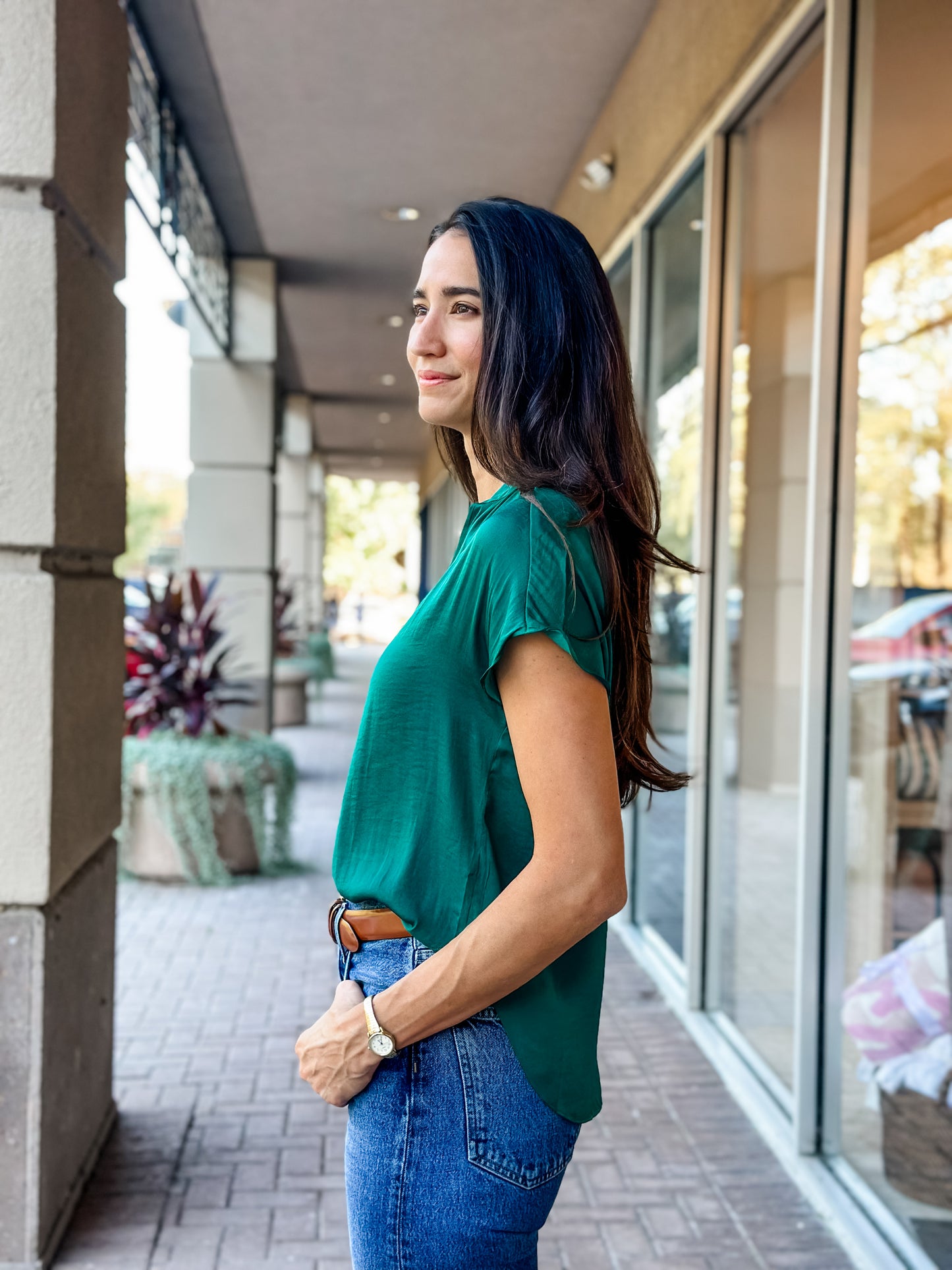 KLd "Asalia" Vneck Satin Pullover Blouse-Green