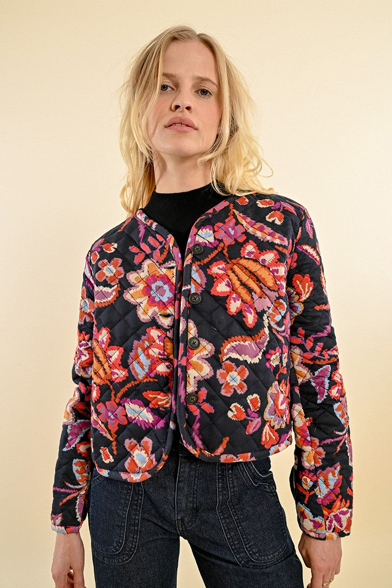 Molly Bracken "Tehren" Quilted Floral Jacket-Black Multi